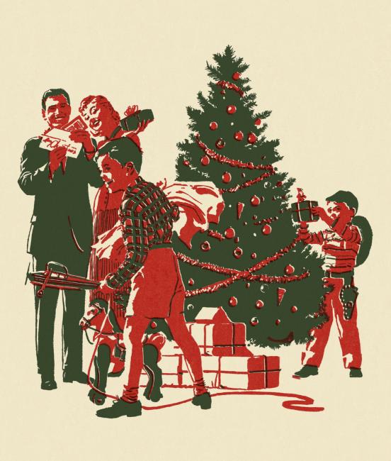 Vintage Christmas tree with family & presents